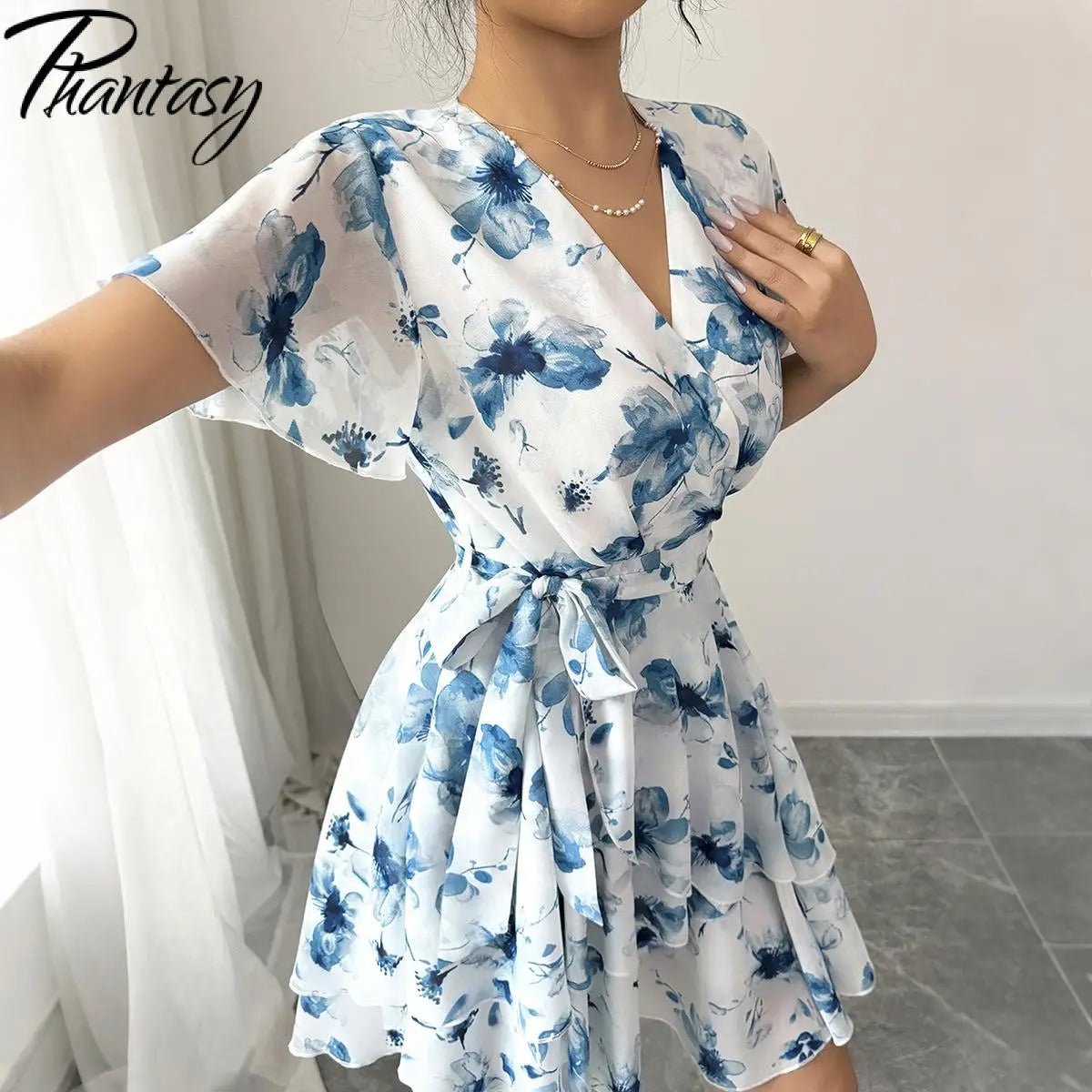 Phantasy Boho Floral Mini Dress Sexy Wrap V Neck Dress Short Sleeve Cake Skirt Elegant Party Beach Vocation Dresses 2025 Summer - PratSN
