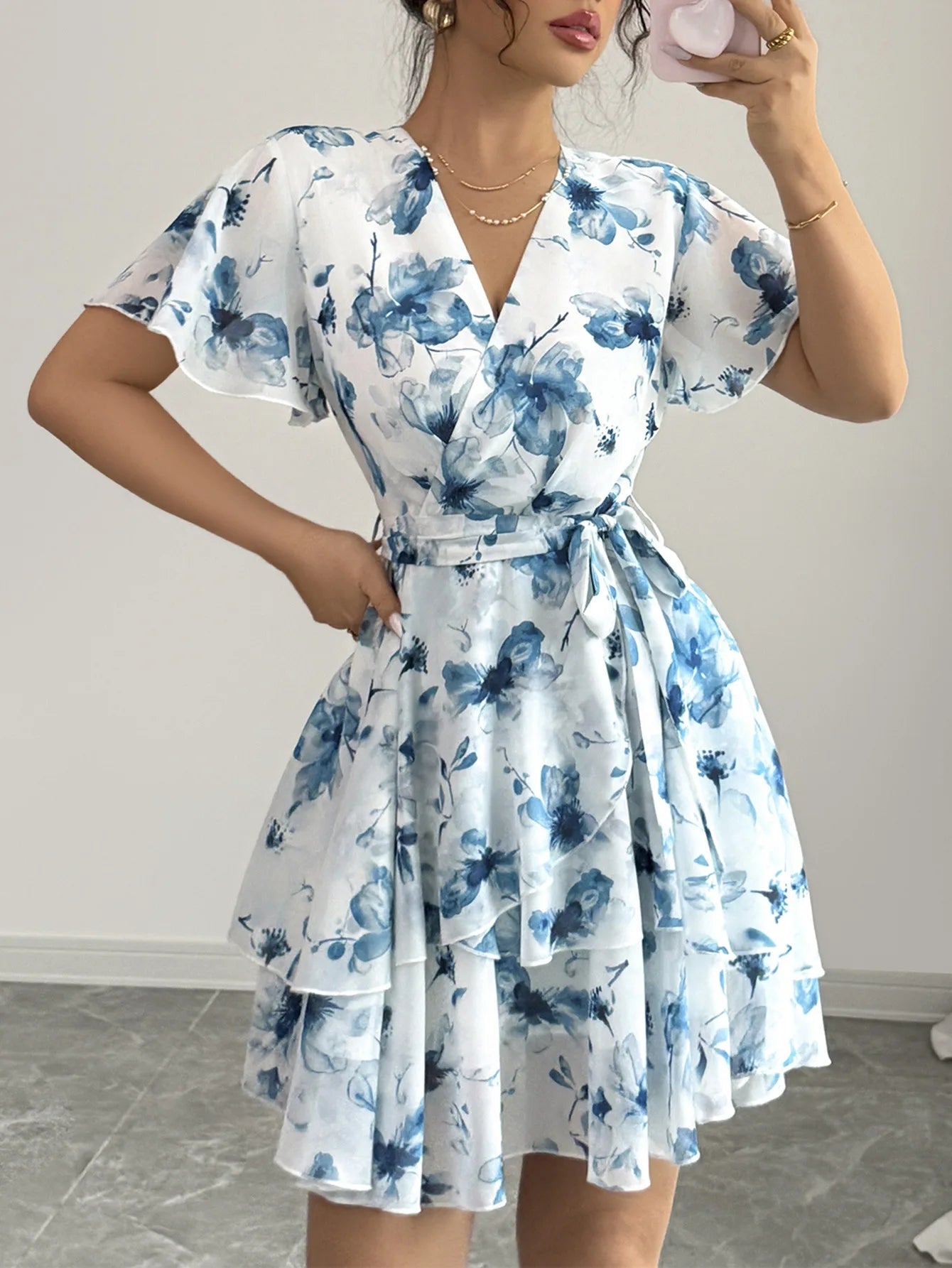 Phantasy Boho Floral Mini Dress Sexy Wrap V Neck Dress Short Sleeve Cake Skirt Elegant Party Beach Vocation Dresses 2025 Summer - PratSN