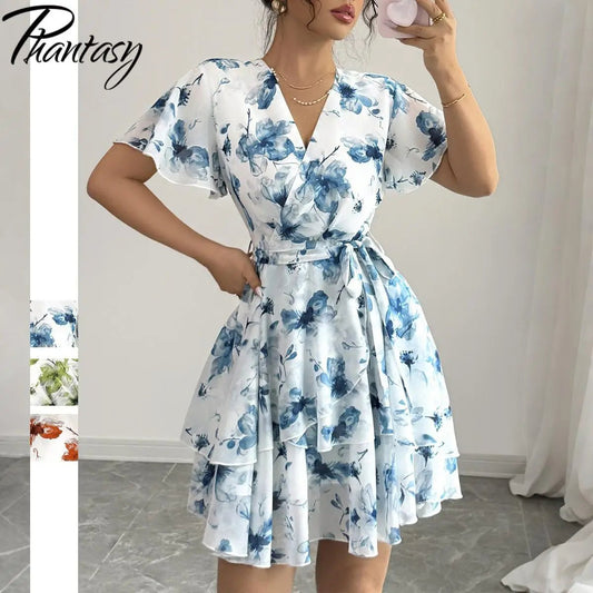 Phantasy Boho Floral Mini Dress Sexy Wrap V Neck Dress Short Sleeve Cake Skirt Elegant Party Beach Vocation Dresses 2025 Summer - PratSN