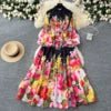 Plus Size 2025 Spring Vintage Slit Tunic Casual Midi Dress For Women Lantern Sleeve Empire Printed Lace Vestidos - PratSN