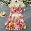 Plus Size 2025 Spring Vintage Slit Tunic Casual Midi Dress For Women Lantern Sleeve Empire Printed Lace Vestidos - PratSN
