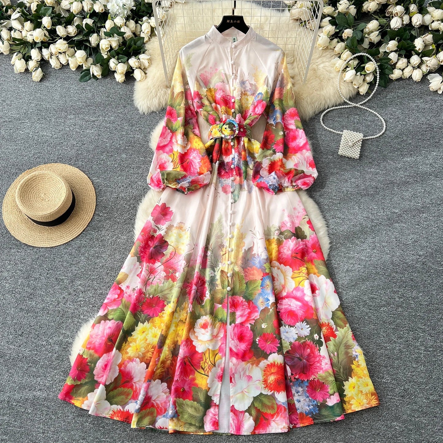Plus Size 2025 Spring Vintage Slit Tunic Casual Midi Dress For Women Lantern Sleeve Empire Printed Lace Vestidos - PratSN