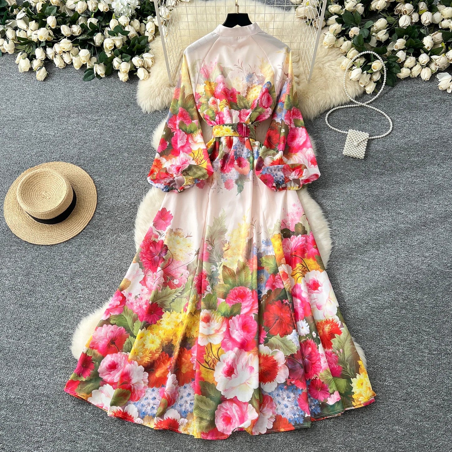 Plus Size 2025 Spring Vintage Slit Tunic Casual Midi Dress For Women Lantern Sleeve Empire Printed Lace Vestidos - PratSN