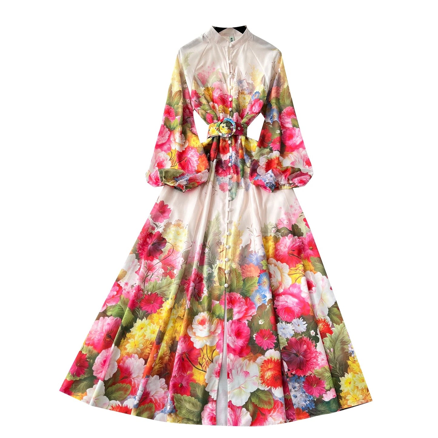 Plus Size 2025 Spring Vintage Slit Tunic Casual Midi Dress For Women Lantern Sleeve Empire Printed Lace Vestidos - PratSN
