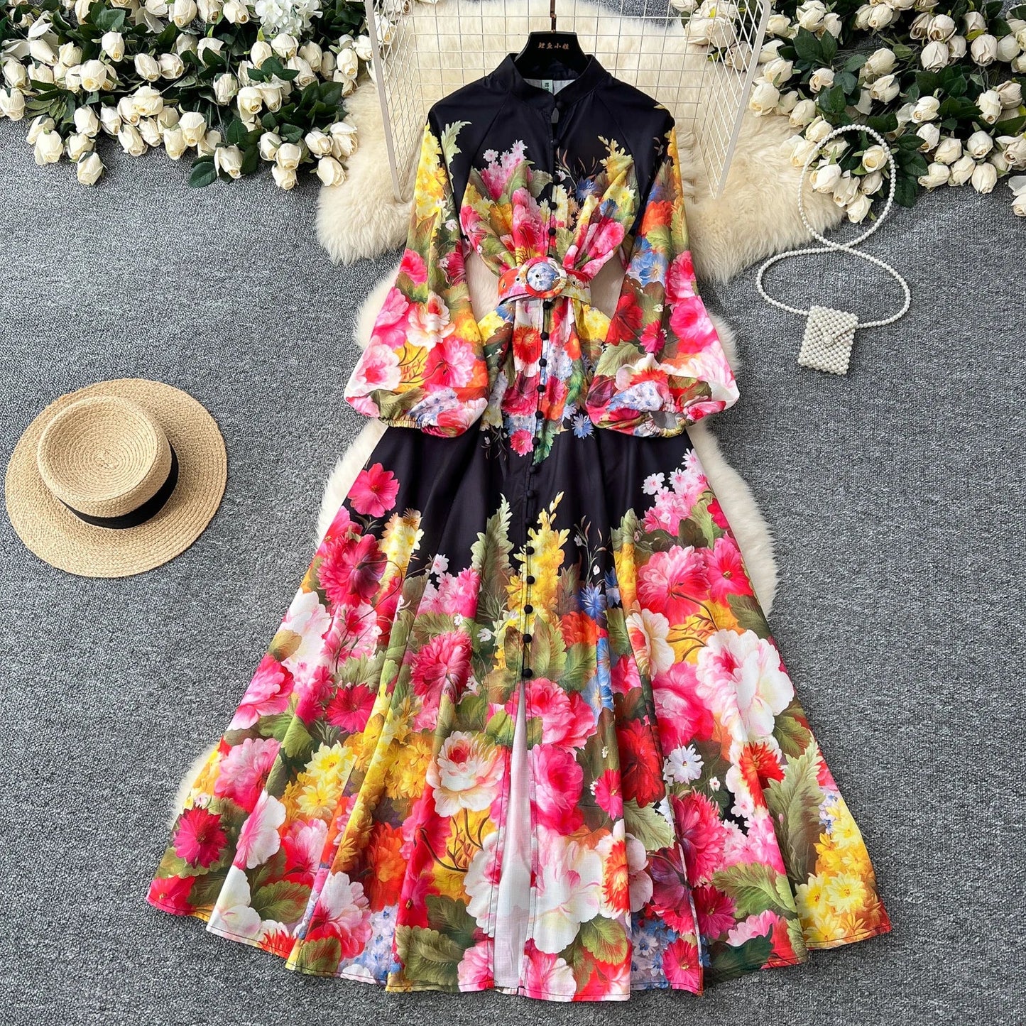 Plus Size 2025 Spring Vintage Slit Tunic Casual Midi Dress For Women Lantern Sleeve Empire Printed Lace Vestidos - PratSN