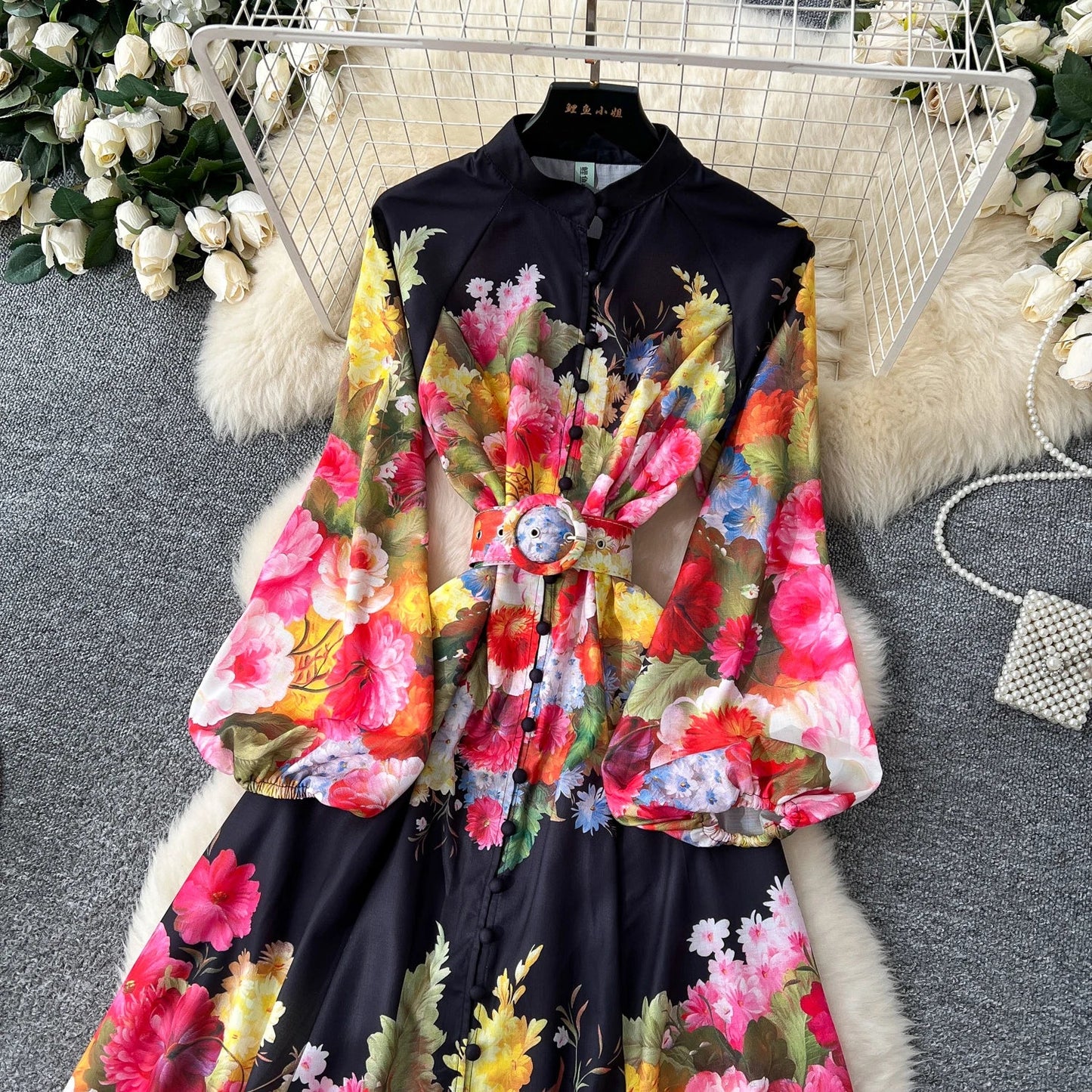 Plus Size 2025 Spring Vintage Slit Tunic Casual Midi Dress For Women Lantern Sleeve Empire Printed Lace Vestidos - PratSN