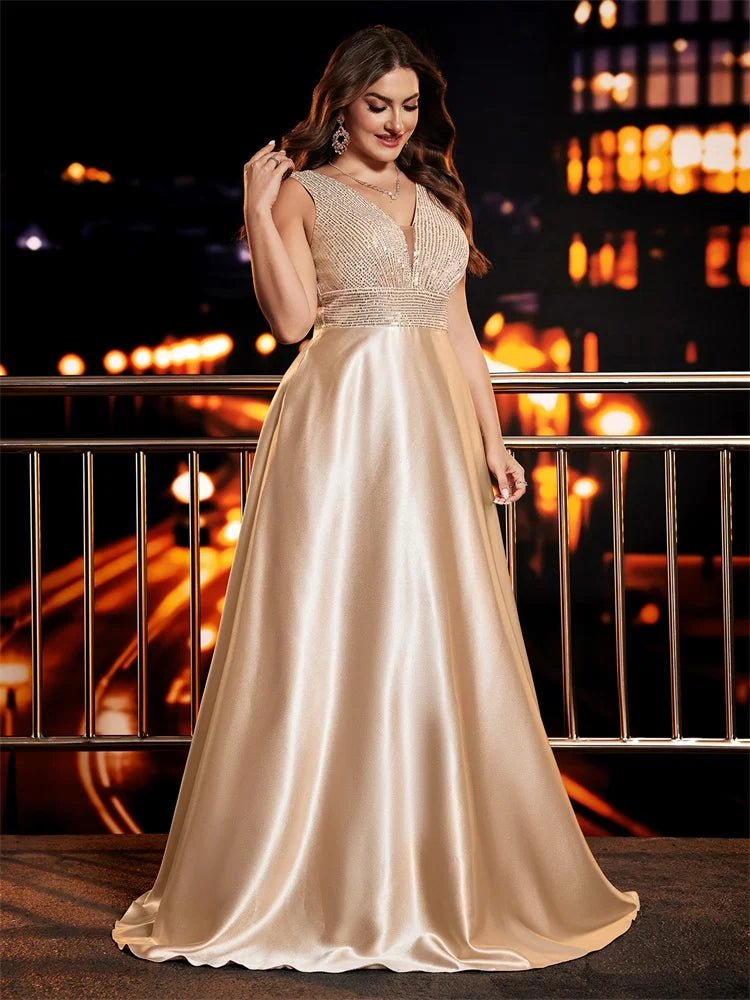 Plus Size Elegant Sequins Evening Dress For Women 2025 Deep V - neck Satin Prom Party Dress Floor Length Formal Gowns - PratSN