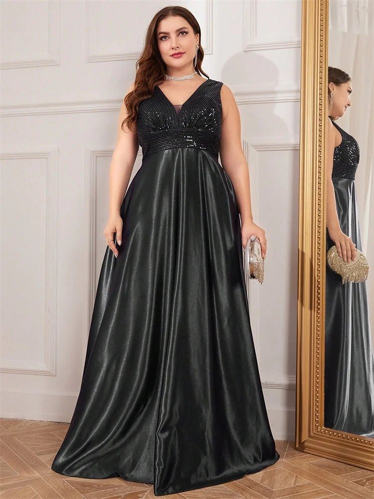 Plus Size Elegant Sequins Evening Dress For Women 2025 Deep V - neck Satin Prom Party Dress Floor Length Formal Gowns - PratSN