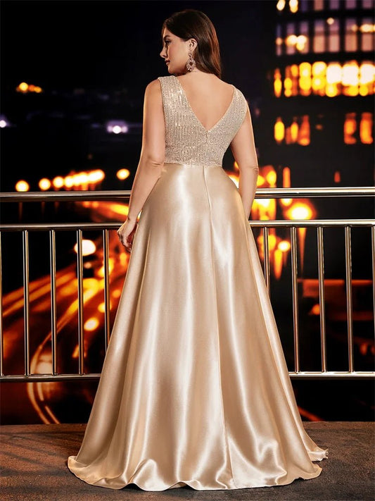 Plus Size Elegant Sequins Evening Dress For Women 2025 Deep V - neck Satin Prom Party Dress Floor Length Formal Gowns - PratSN