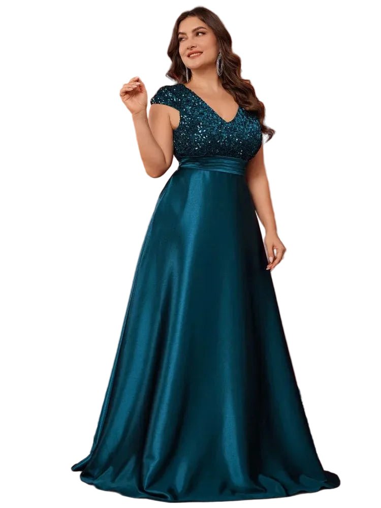 Plus Size Elegant V - Neck Blue Sequins Evening Dress Long Luxury Women Satin Sleevesless Party Prom Cocktail Gowns - PratSN