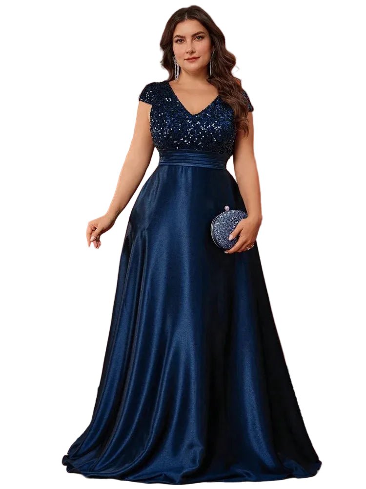 Plus Size Elegant V - Neck Blue Sequins Evening Dress Long Luxury Women Satin Sleevesless Party Prom Cocktail Gowns - PratSN