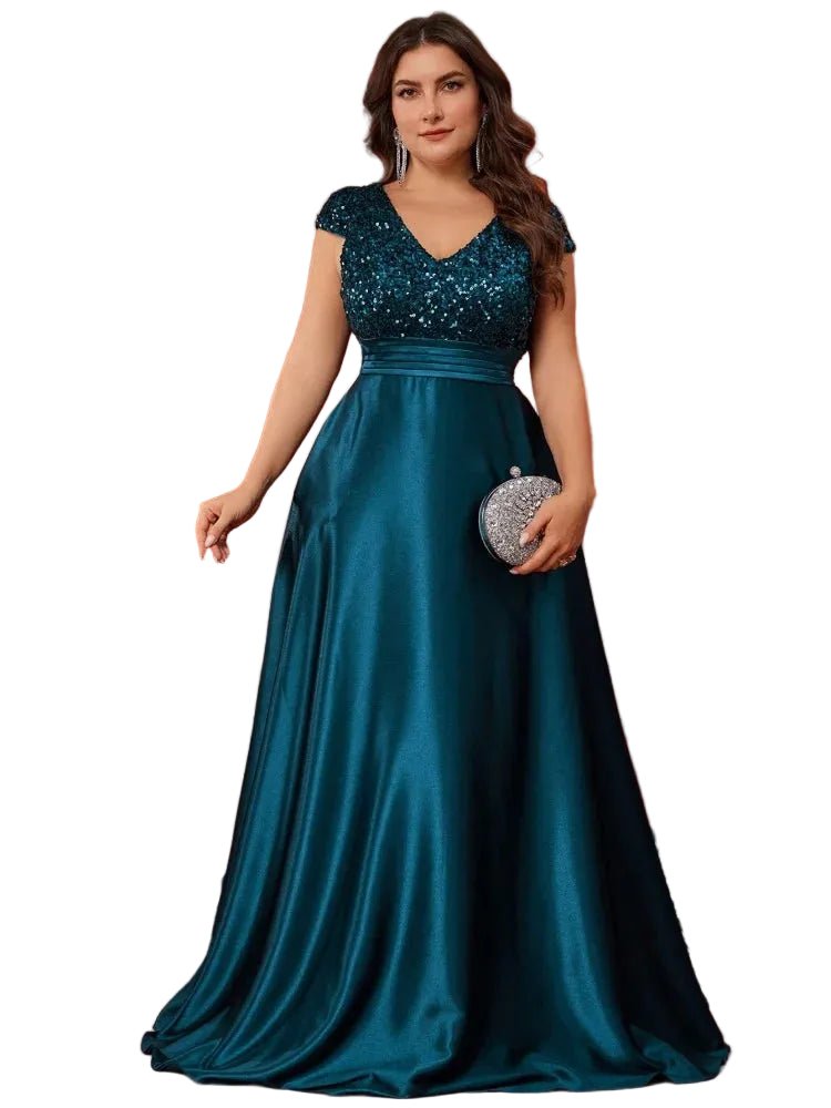 Plus Size Elegant V - Neck Blue Sequins Evening Dress Long Luxury Women Satin Sleevesless Party Prom Cocktail Gowns - PratSN