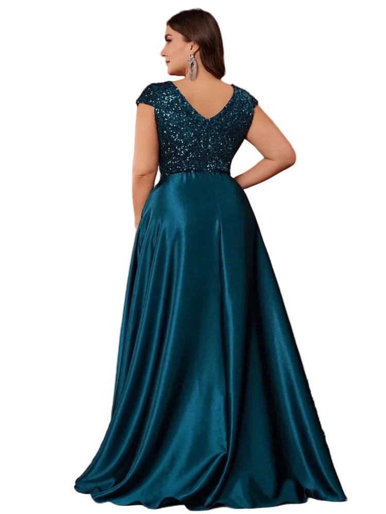 Plus Size Elegant V - Neck Blue Sequins Evening Dress Long Luxury Women Satin Sleevesless Party Prom Cocktail Gowns - PratSN