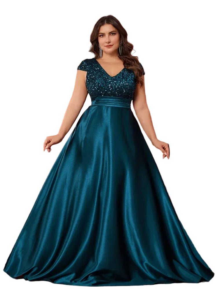 Plus Size Elegant V - Neck Blue Sequins Evening Dress Long Luxury Women Satin Sleevesless Party Prom Cocktail Gowns - PratSN
