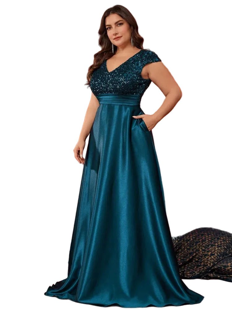 Plus Size Elegant V - Neck Blue Sequins Evening Dress Long Luxury Women Satin Sleevesless Party Prom Cocktail Gowns - PratSN
