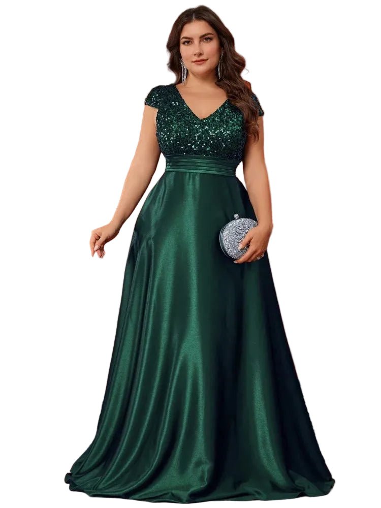 Plus Size Elegant V - Neck Blue Sequins Evening Dress Long Luxury Women Satin Sleevesless Party Prom Cocktail Gowns - PratSN