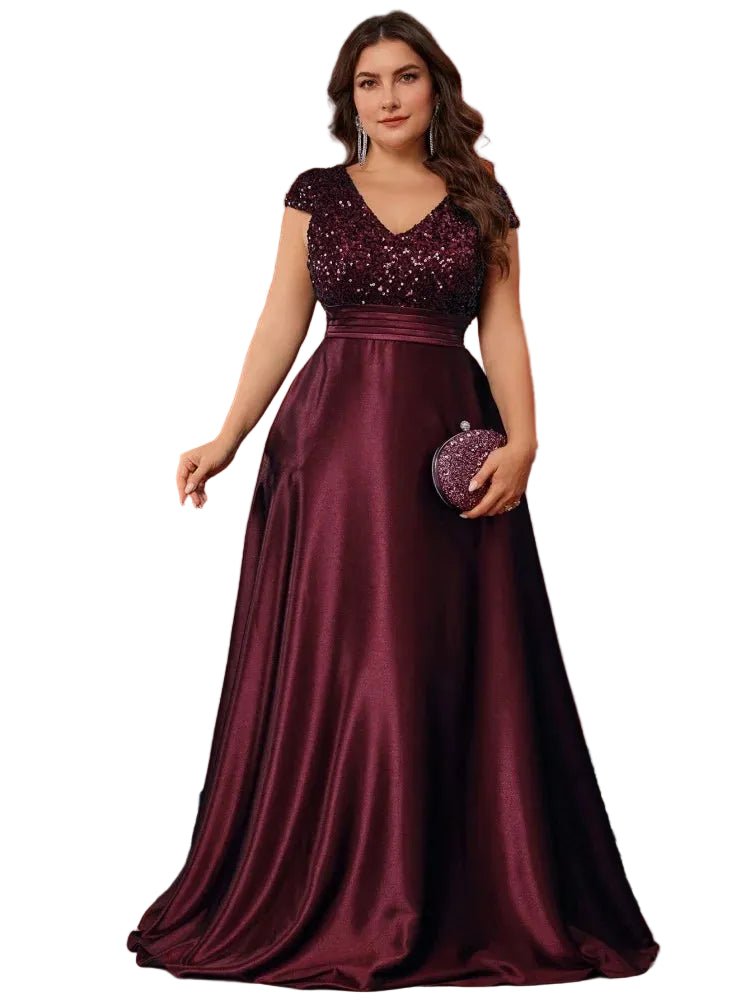 Plus Size Elegant V - Neck Blue Sequins Evening Dress Long Luxury Women Satin Sleevesless Party Prom Cocktail Gowns - PratSN