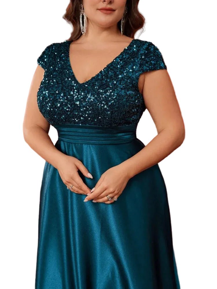 Plus Size Elegant V - Neck Blue Sequins Evening Dress Long Luxury Women Satin Sleevesless Party Prom Cocktail Gowns - PratSN