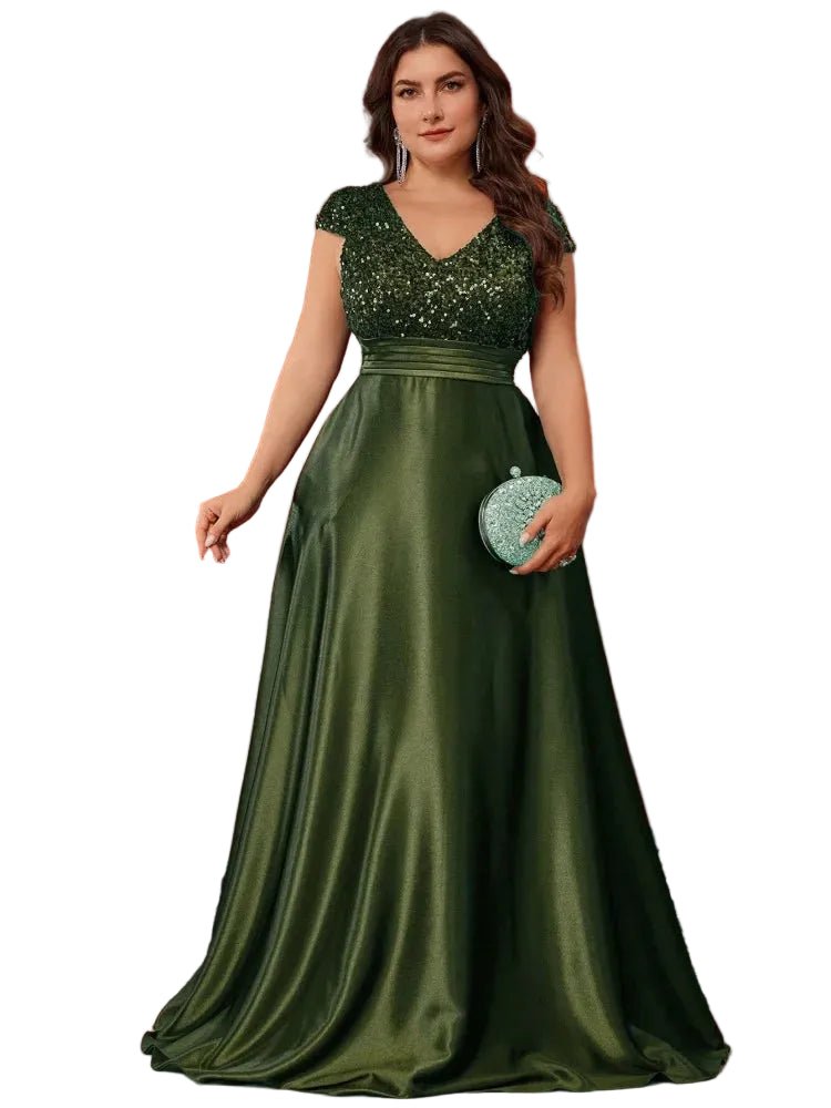 Plus Size Elegant V - Neck Blue Sequins Evening Dress Long Luxury Women Satin Sleevesless Party Prom Cocktail Gowns - PratSN