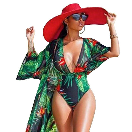 Plus Size Swimsuit Female One - piece Sexy Digital Printed Veil Bikini Blouse - PratSN