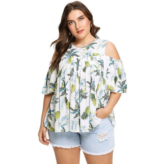 Plus Size Women's Summer T-shirt Loose Strapless Short Sleeves - PratSN