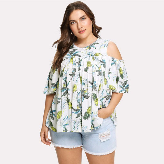 Plus Size Women's Summer T-shirt Loose Strapless Short Sleeves - PratSN