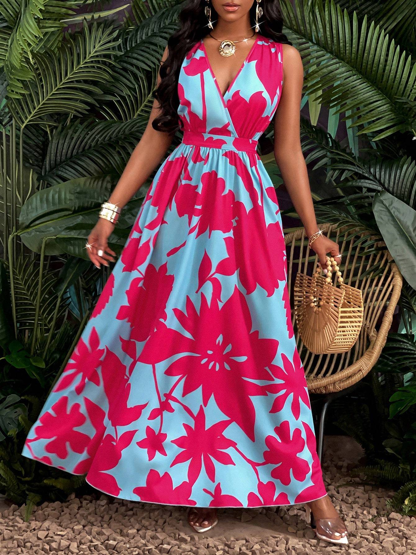 Print Deep V Neckline Cinched Waist Fit and Flare Dress Maxi Women Outfit - PratSN Blue / L Print Deep V Neckline Cinched Waist Fit and Flare Dress Maxi Women Outfit - PratSN Blue / L