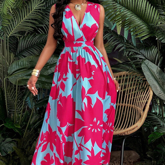 Print Deep V Neckline Cinched Waist Fit And Flare Dress Maxi Women Outfit - PratSN