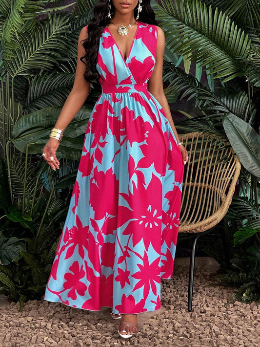 Print Deep V Neckline Cinched Waist Fit And Flare Dress Maxi Women Outfit - PratSN