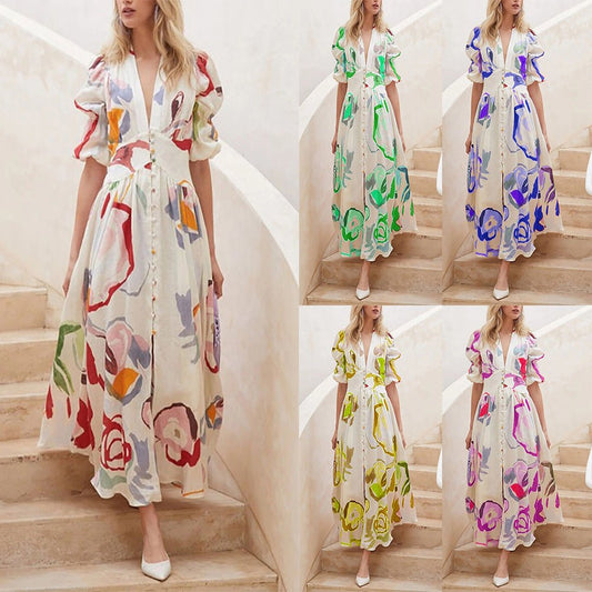 Print Dresses For Women Summer V - neck Button Short Sleeve Dress - PratSN
