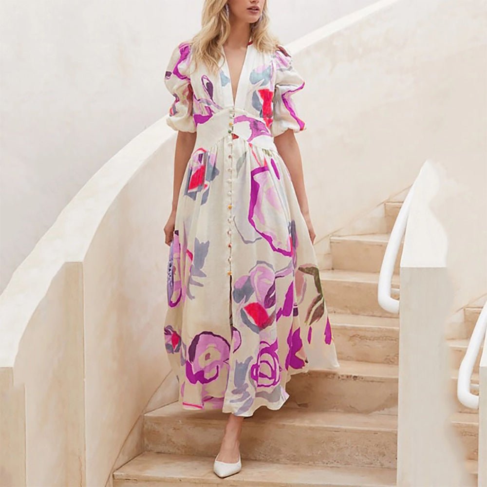 Print Dresses For Women Summer V - neck Button Short Sleeve Dress - PratSN