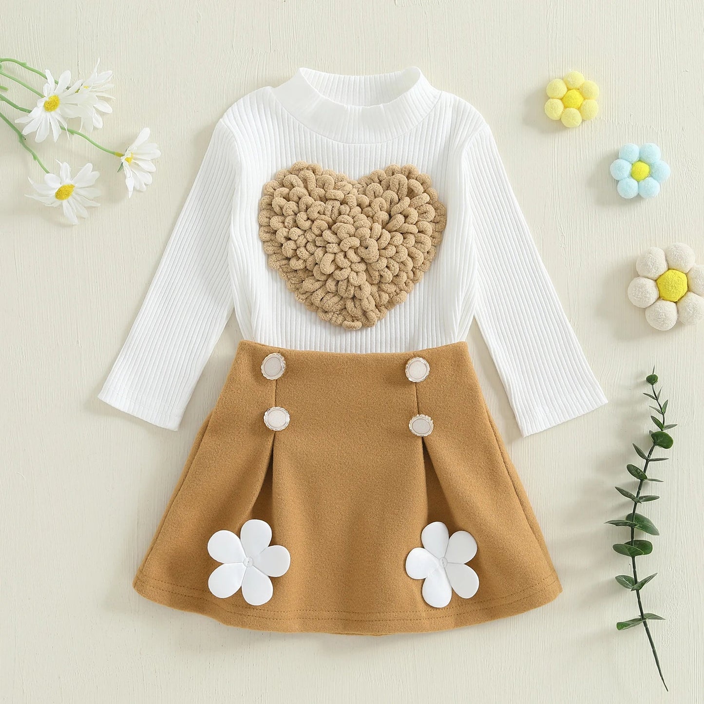 Pudcoco Toddler Baby Girl Fall Outfit Heart Mock Neck Long Sleeve Tops with 3D Flower Mini A Line Skirt 2Pcs Set 6M - 4T - PratSN