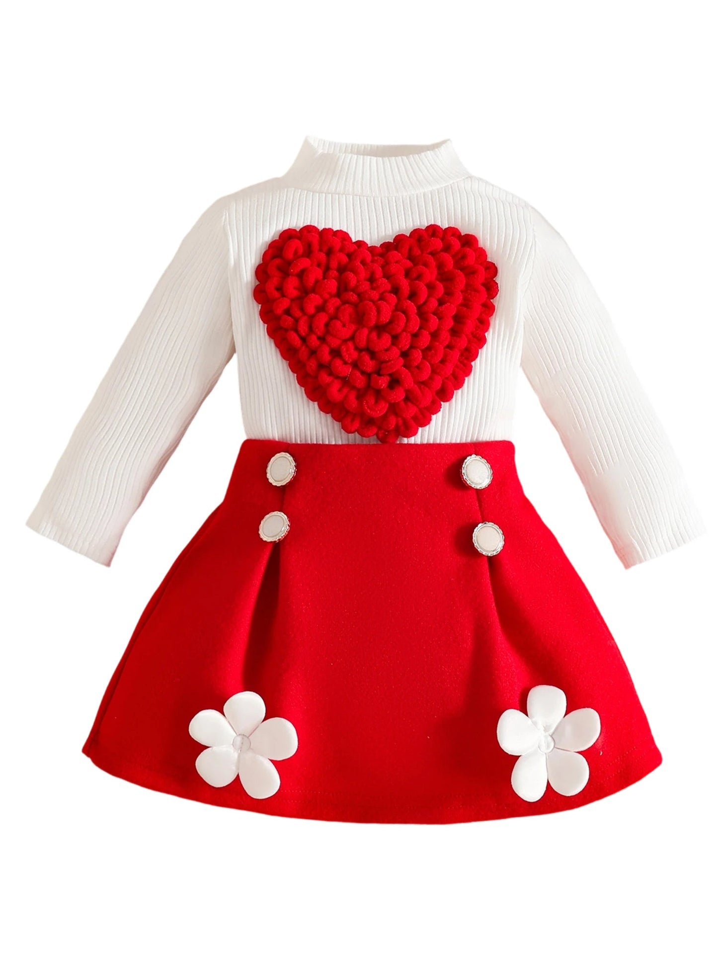 Pudcoco Toddler Baby Girl Fall Outfit Heart Mock Neck Long Sleeve Tops with 3D Flower Mini A Line Skirt 2Pcs Set 6M - 4T - PratSN