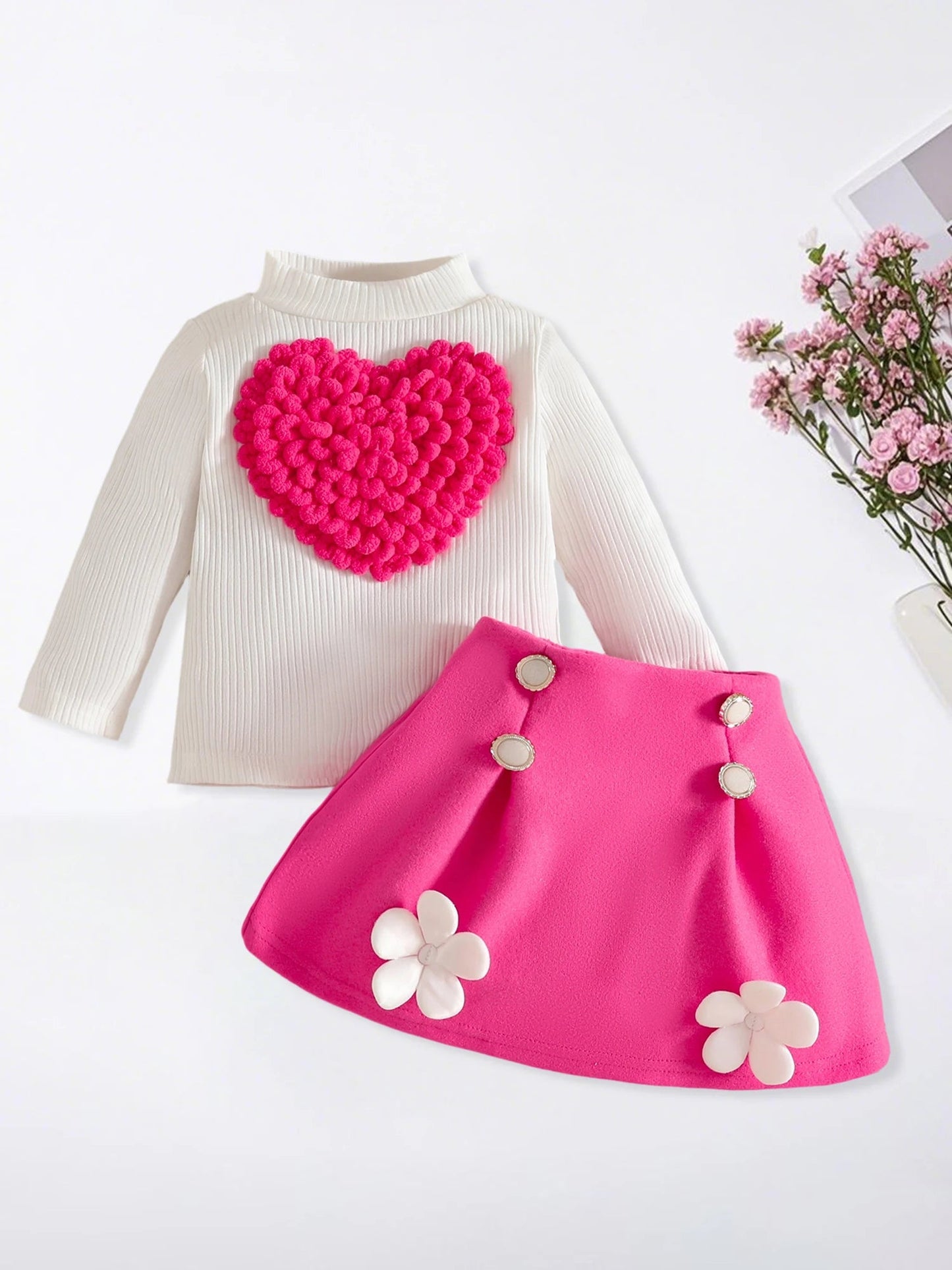 Pudcoco Toddler Baby Girl Fall Outfit Heart Mock Neck Long Sleeve Tops with 3D Flower Mini A Line Skirt 2Pcs Set 6M - 4T - PratSN
