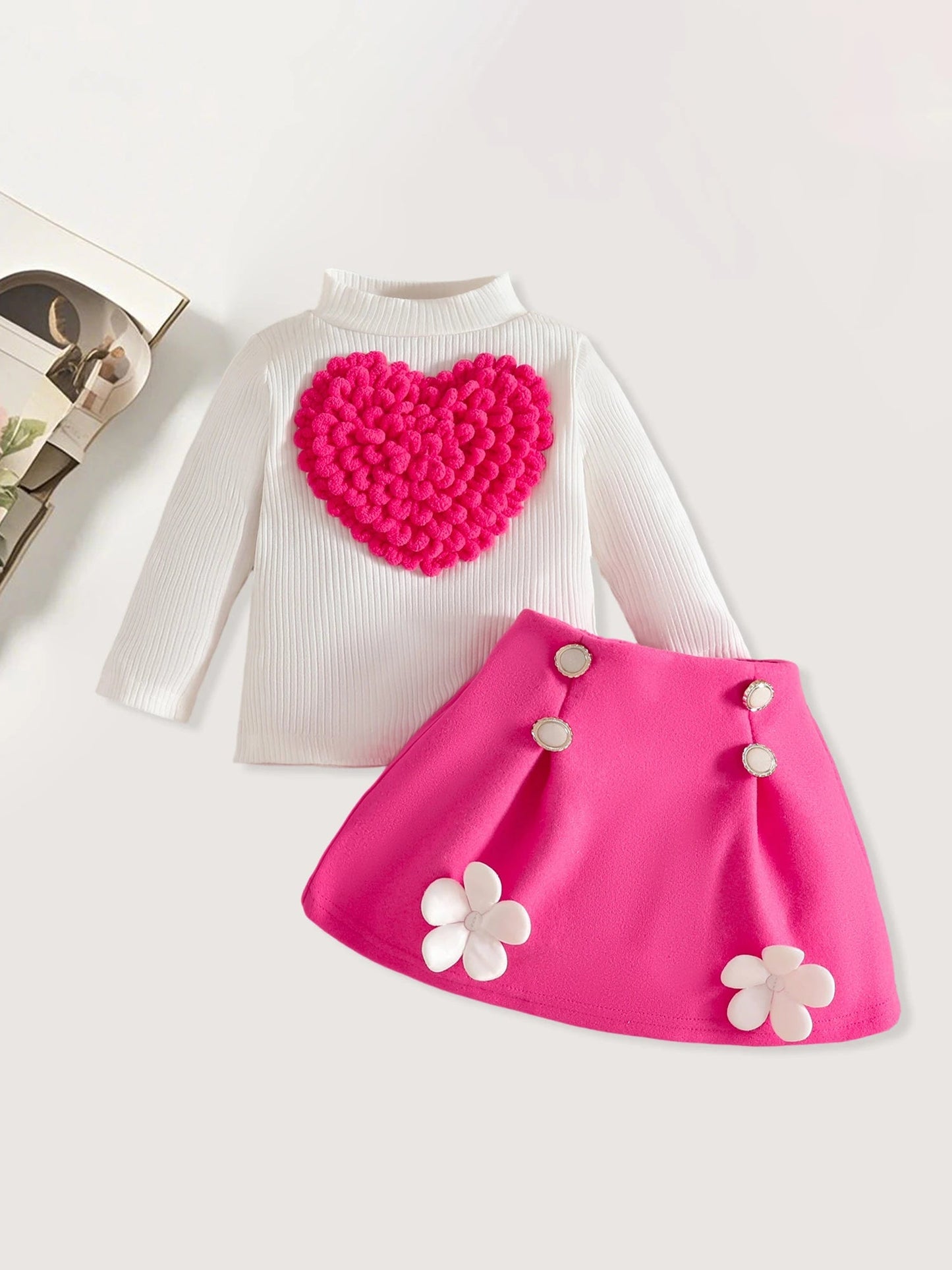 Pudcoco Toddler Baby Girl Fall Outfit Heart Mock Neck Long Sleeve Tops with 3D Flower Mini A Line Skirt 2Pcs Set 6M - 4T - PratSN