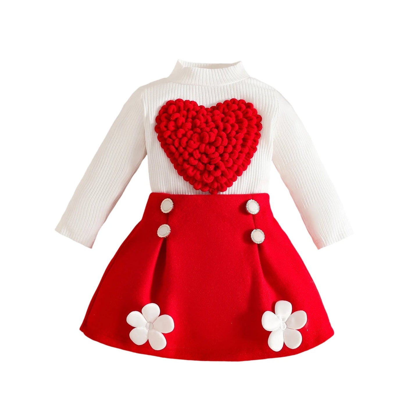 Pudcoco Toddler Baby Girl Fall Outfit Heart Mock Neck Long Sleeve Tops with 3D Flower Mini A Line Skirt 2Pcs Set 6M - 4T - PratSN