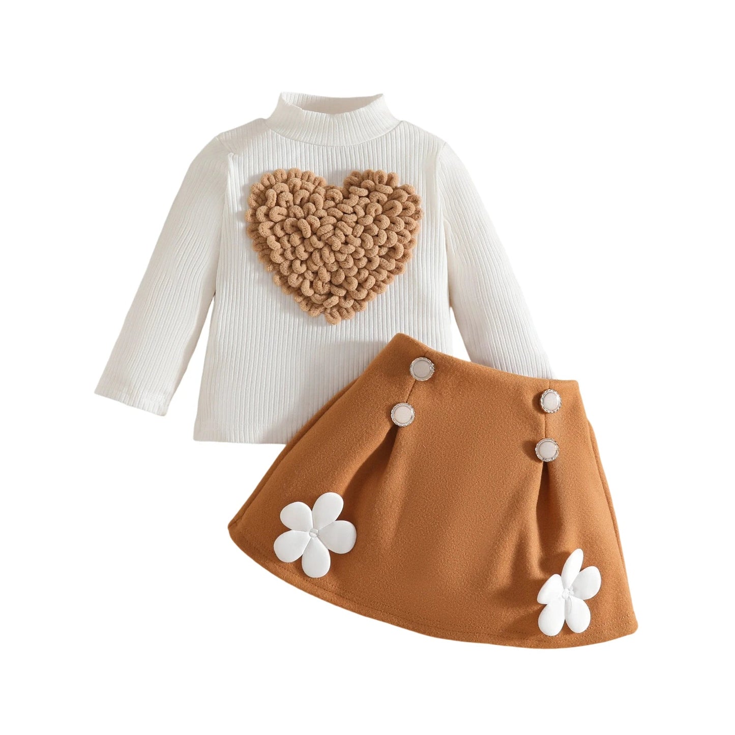 Pudcoco Toddler Baby Girl Fall Outfit Heart Mock Neck Long Sleeve Tops with 3D Flower Mini A Line Skirt 2Pcs Set 6M - 4T - PratSN