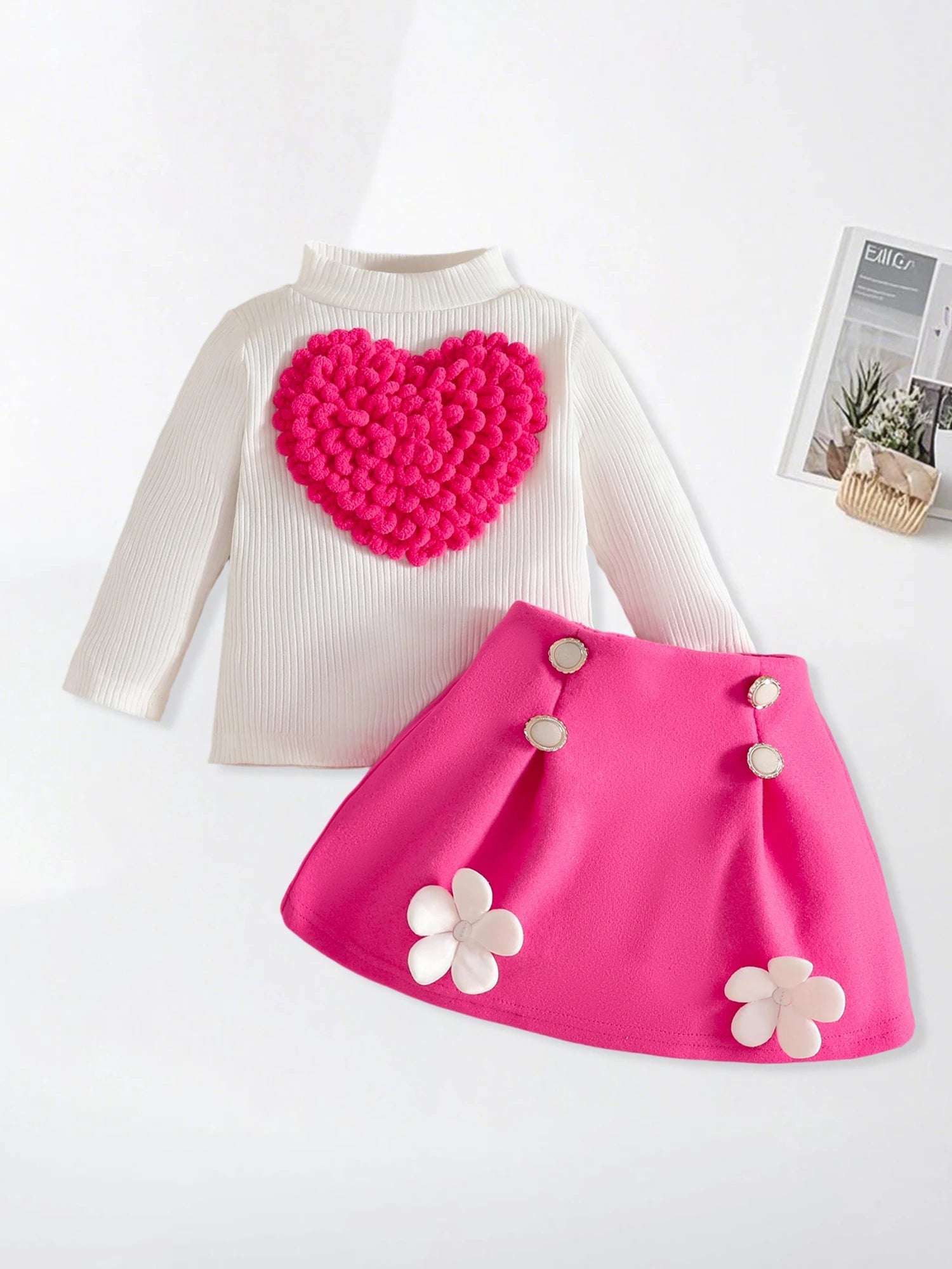 Pudcoco Toddler Baby Girl Fall Outfit Heart Mock Neck Long Sleeve Tops with 3D Flower Mini A Line Skirt 2Pcs Set 6M - 4T - PratSN