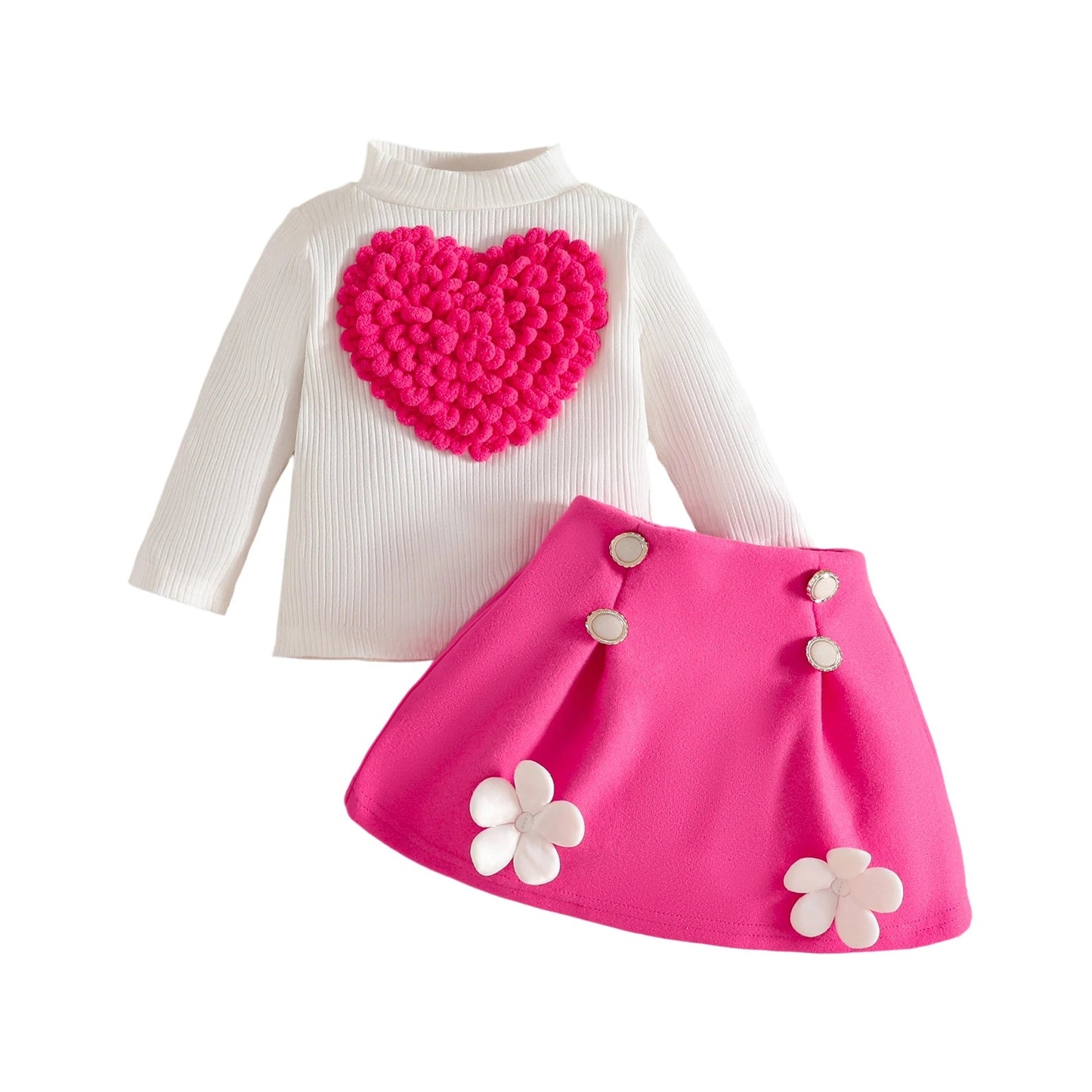 Pudcoco Toddler Baby Girl Fall Outfit Heart Mock Neck Long Sleeve Tops with 3D Flower Mini A Line Skirt 2Pcs Set 6M - 4T - PratSN