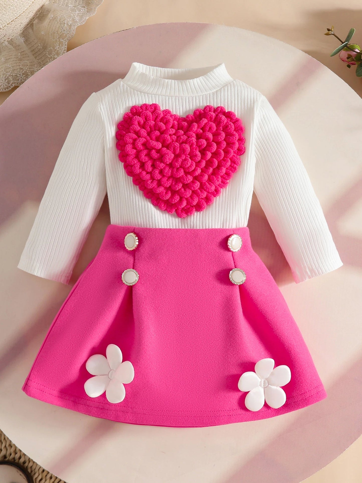 Pudcoco Toddler Baby Girl Fall Outfit Heart Mock Neck Long Sleeve Tops with 3D Flower Mini A Line Skirt 2Pcs Set 6M - 4T - PratSN