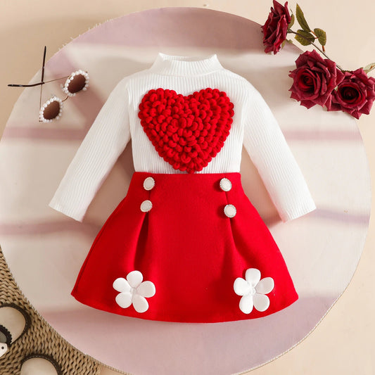 Pudcoco Toddler Baby Girl Fall Outfit Heart Mock Neck Long Sleeve Tops with 3D Flower Mini A Line Skirt 2Pcs Set 6M - 4T - PratSN
