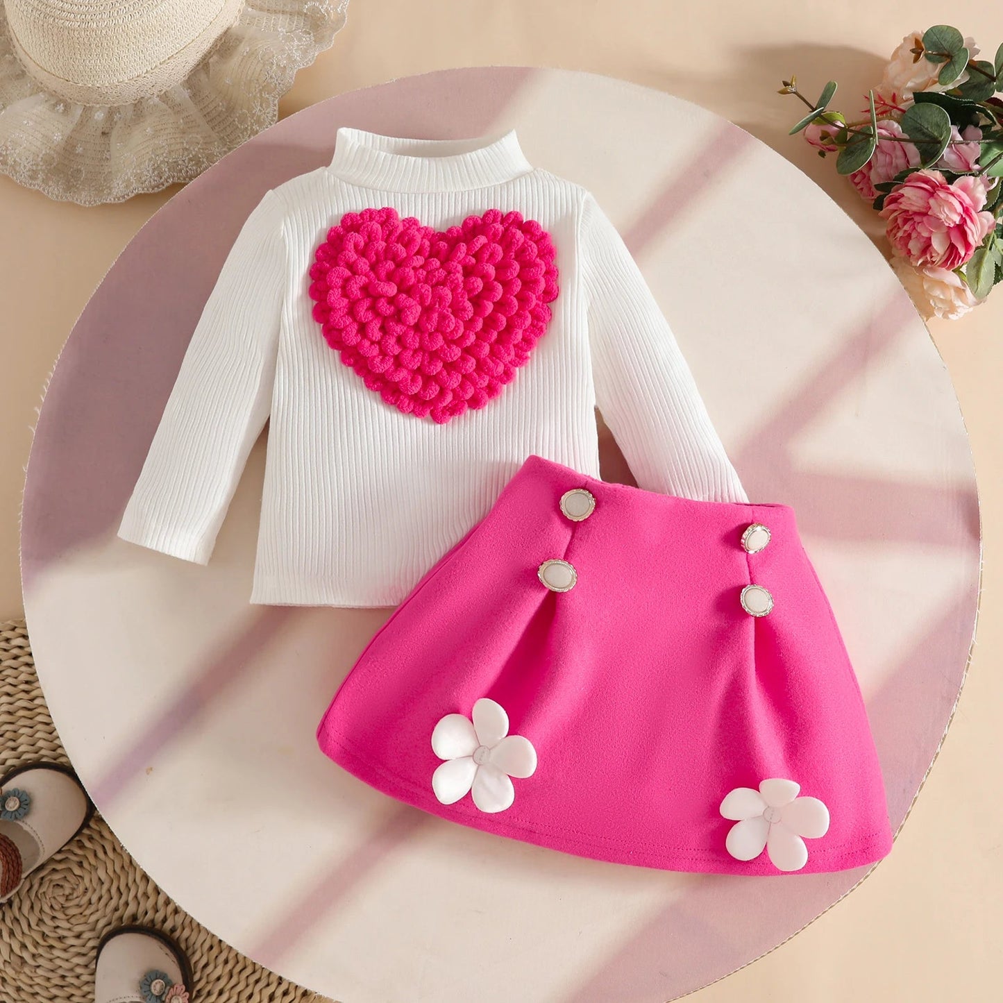 Pudcoco Toddler Baby Girl Fall Outfit Heart Mock Neck Long Sleeve Tops with 3D Flower Mini A Line Skirt 2Pcs Set 6M - 4T - PratSN