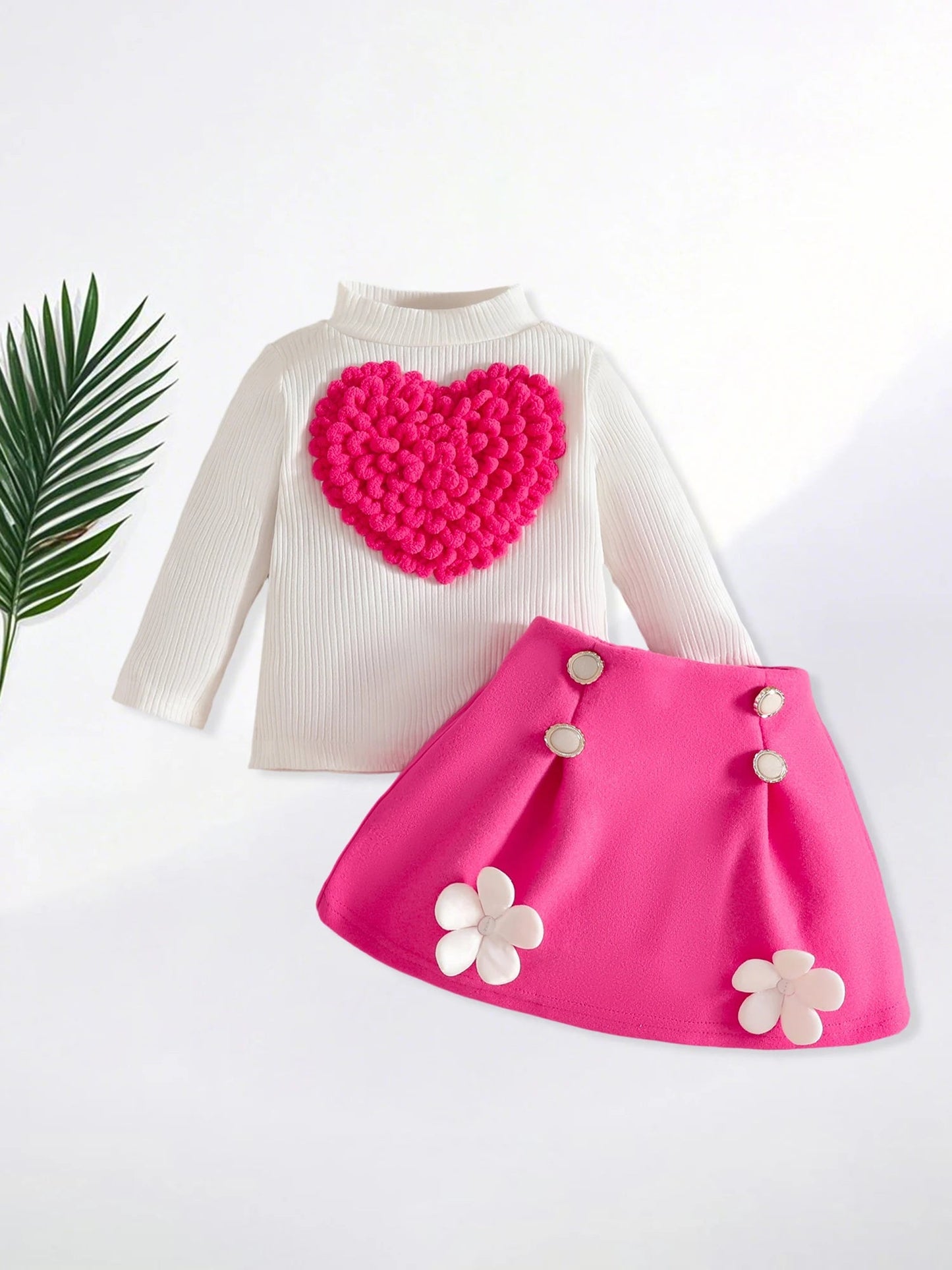 Pudcoco Toddler Baby Girl Fall Outfit Heart Mock Neck Long Sleeve Tops with 3D Flower Mini A Line Skirt 2Pcs Set 6M - 4T - PratSN