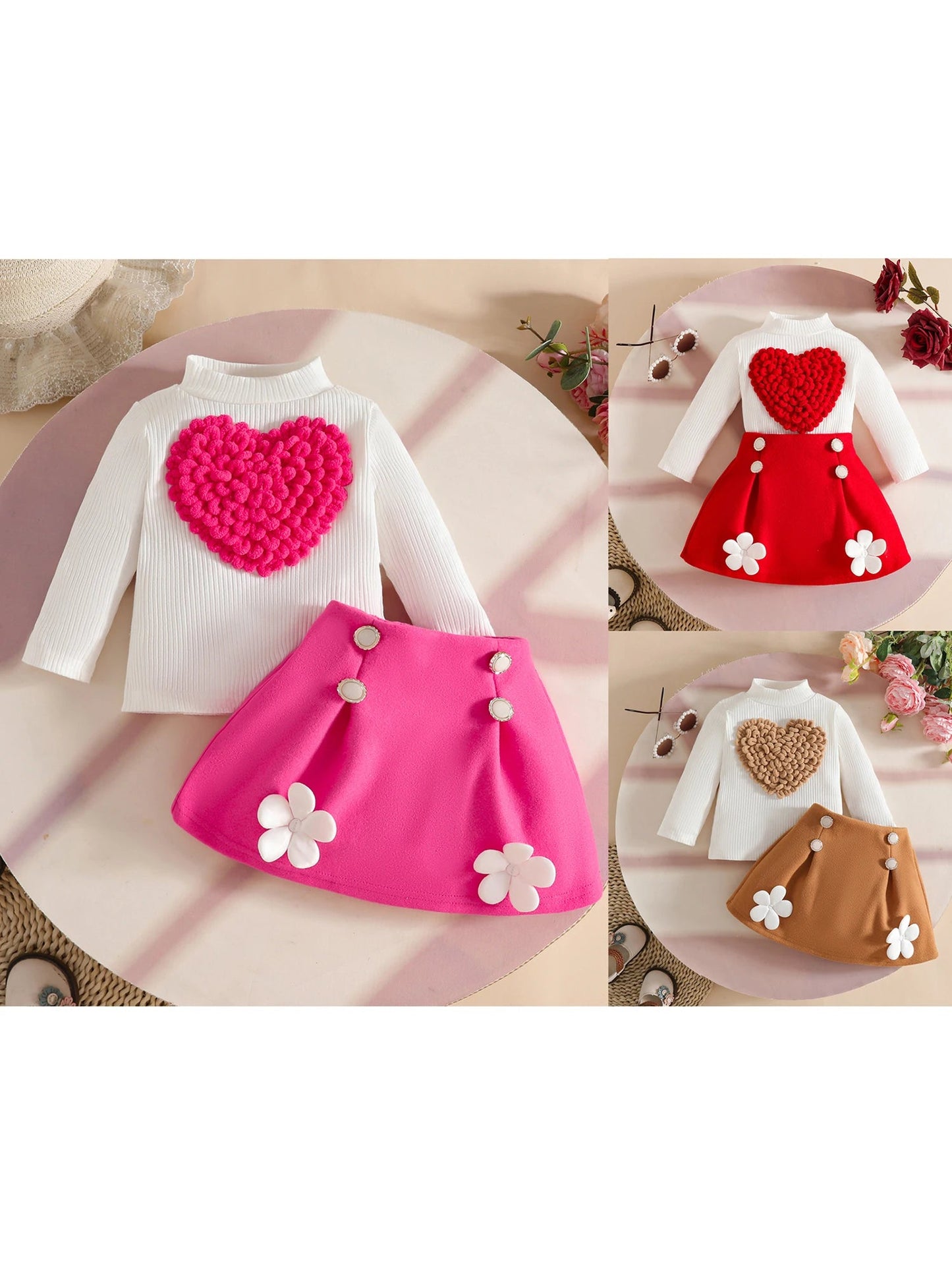 Pudcoco Toddler Baby Girl Fall Outfit Heart Mock Neck Long Sleeve Tops with 3D Flower Mini A Line Skirt 2Pcs Set 6M - 4T - PratSN
