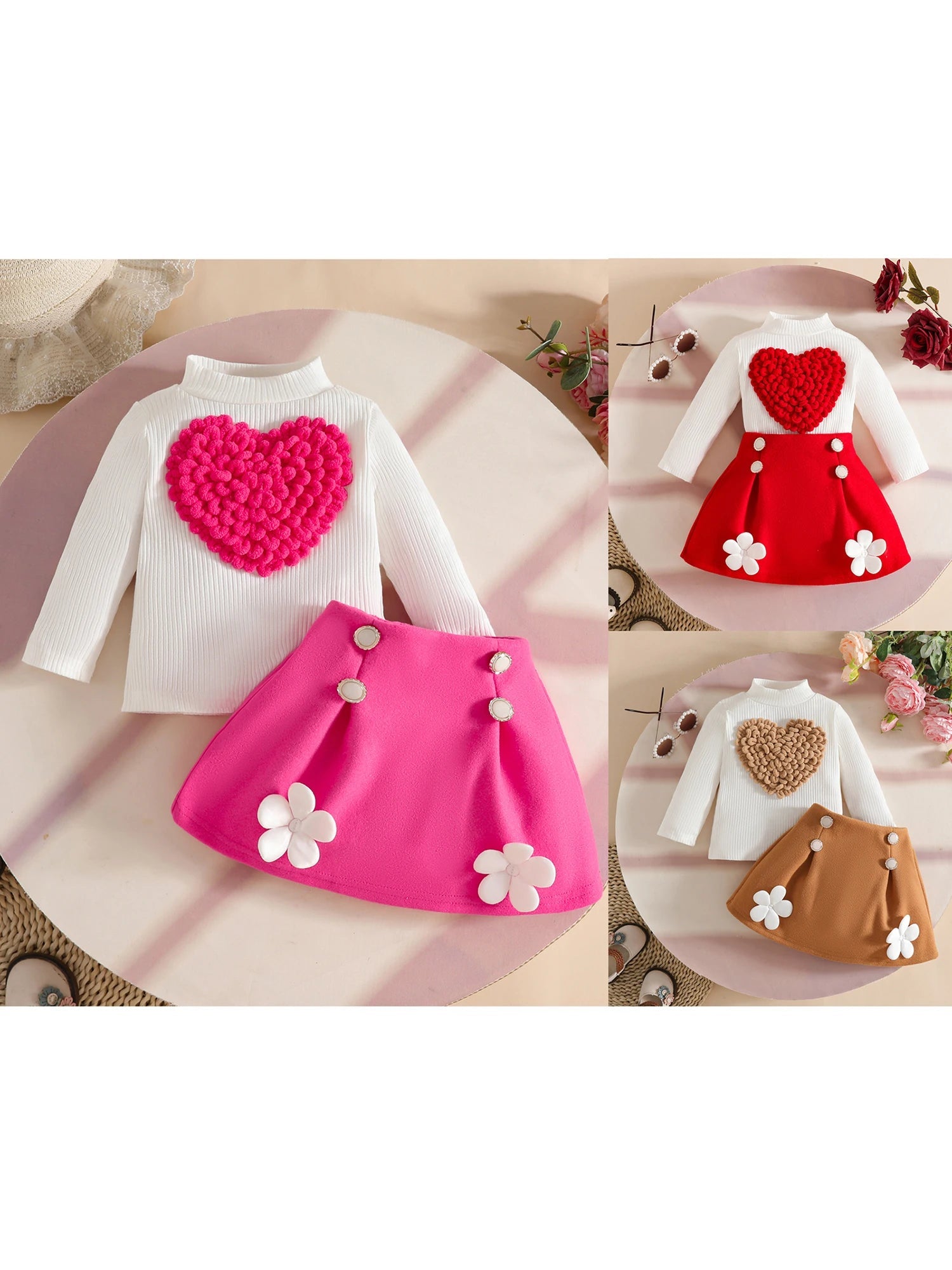 Pudcoco Toddler Baby Girl Fall Outfit Heart Mock Neck Long Sleeve Tops with 3D Flower Mini A Line Skirt 2Pcs Set 6M - 4T - PratSN