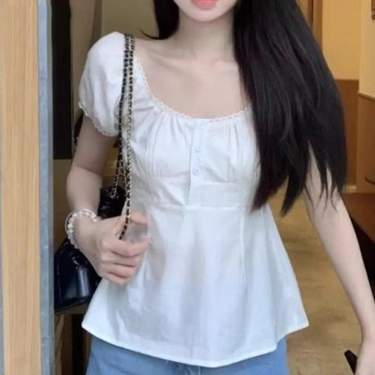 Puff Sleeve White Shirt Women's Short Sleeve Top - PratSN