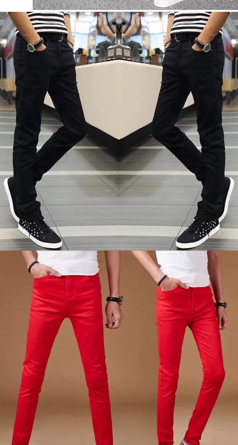 Pure White Slim Fit Men's Jeans Elastic Casual Faison Straight Leg Long Trousers Spring Summer Low Waist Button Closure - PratSN