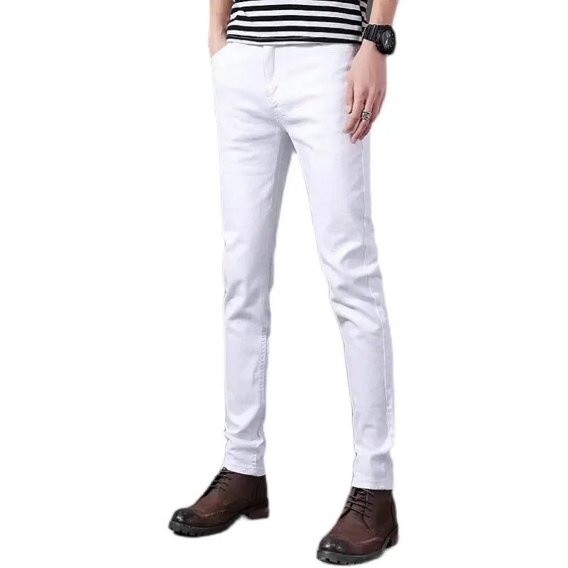 Pure White Slim Fit Men's Jeans Elastic Casual Faison Straight Leg Long Trousers Spring Summer Low Waist Button Closure - PratSN