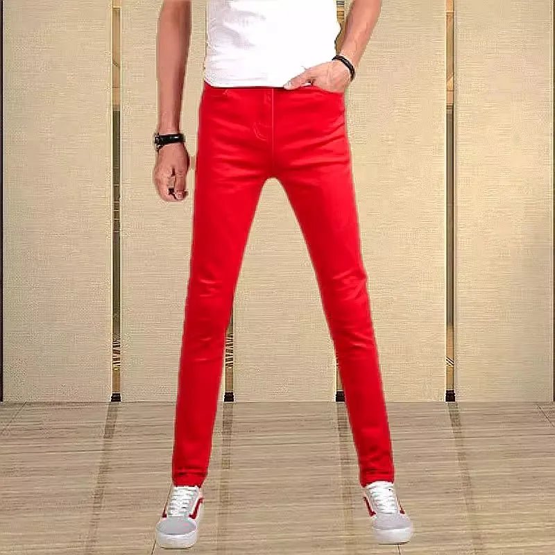 Pure White Slim Fit Men's Jeans Elastic Casual Faison Straight Leg Long Trousers Spring Summer Low Waist Button Closure - PratSN