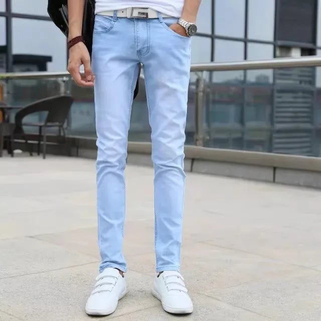 Pure White Slim Fit Men's Jeans Elastic Casual Faison Straight Leg Long Trousers Spring Summer Low Waist Button Closure - PratSN